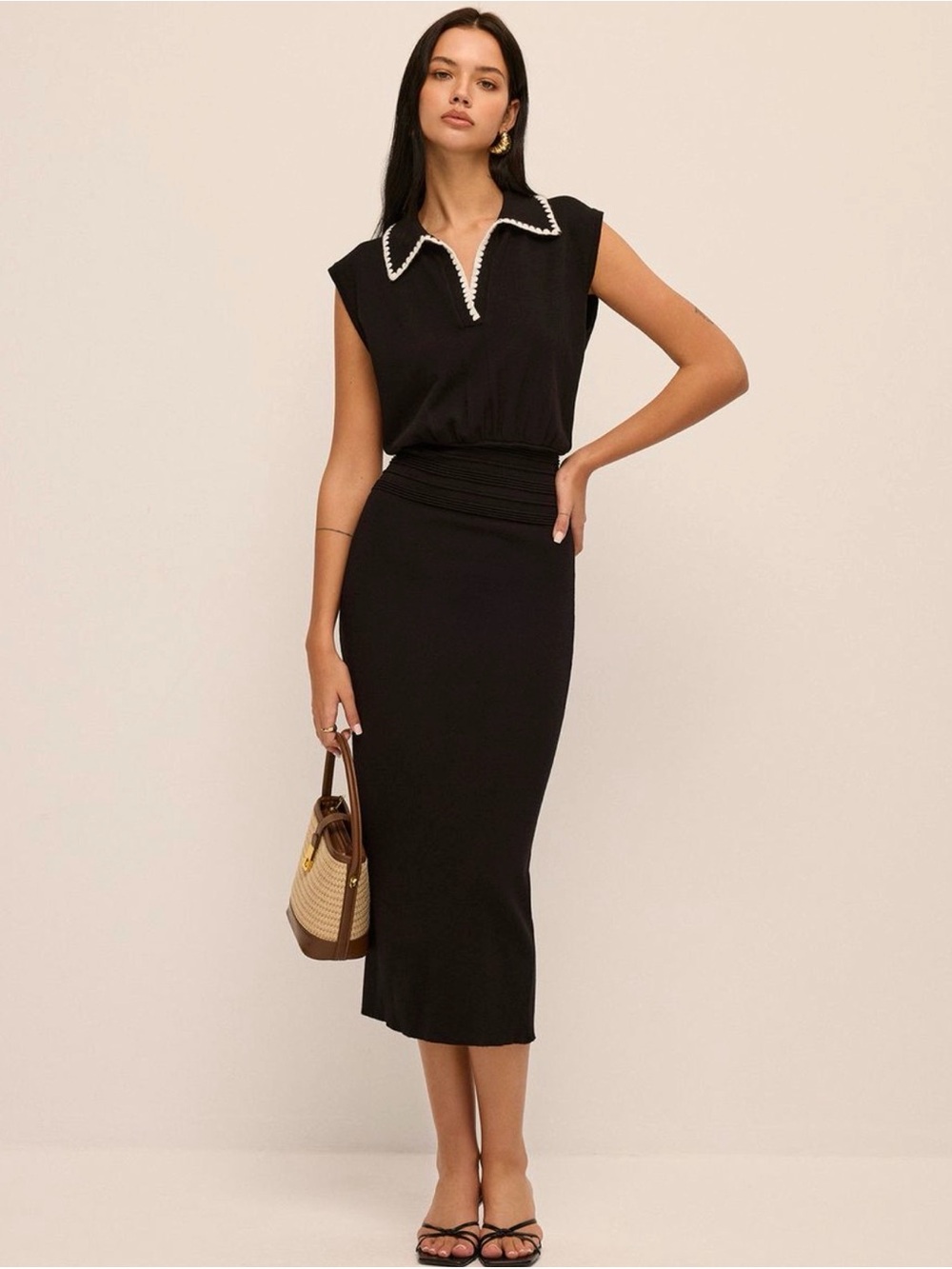 Commense Black Contrast Trim Collared Smocked Waist Knit Dress